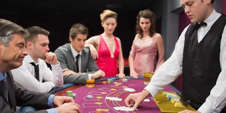 The dealing of cards by a dealer in blackjack